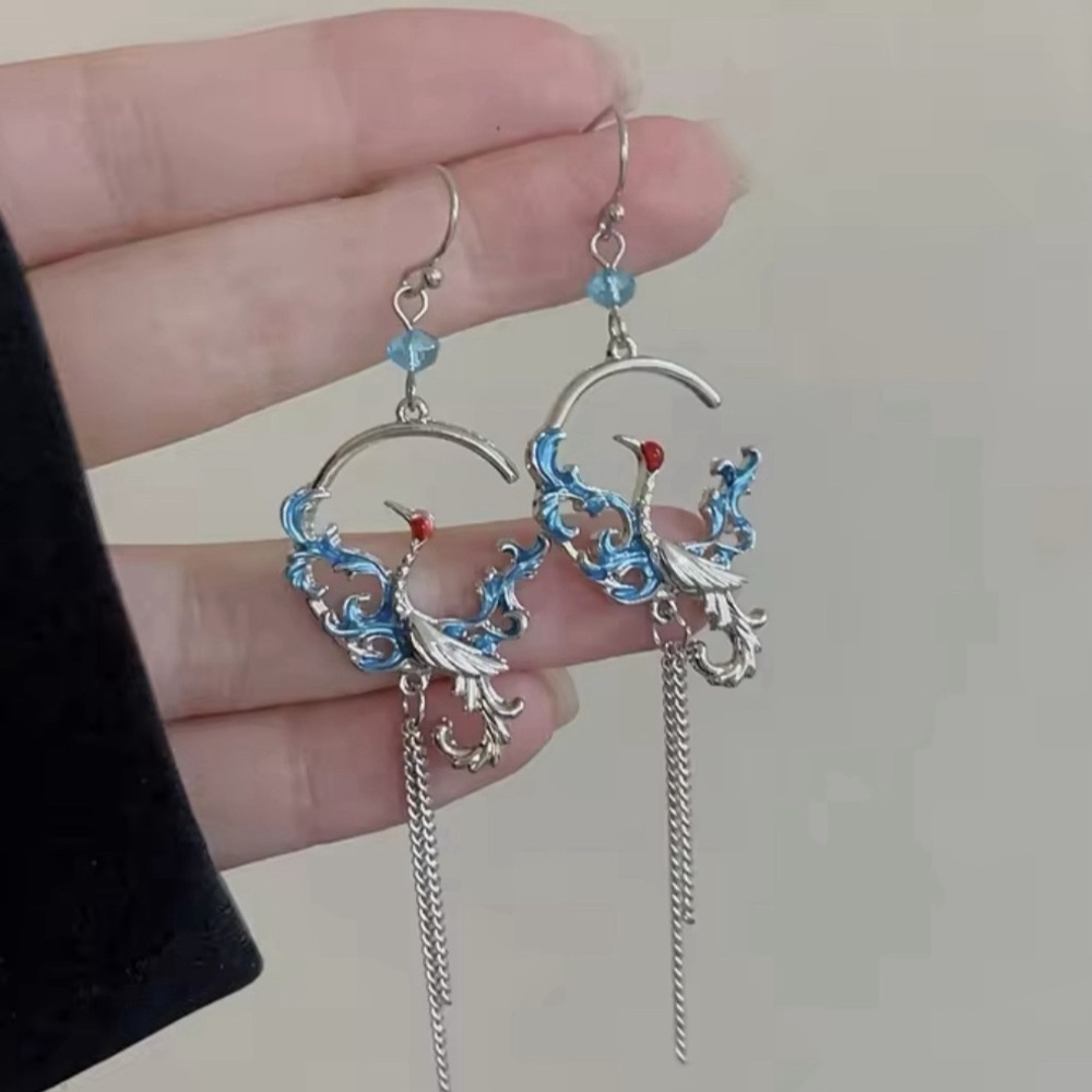 925 Sterling Silver Bohemian Redhead Heron In Seascape Drop Hook Earrings